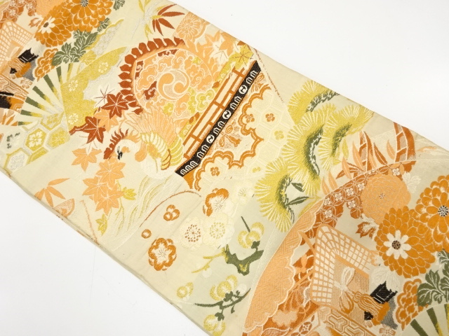 アンティーク　扇に御所車・船・草花模様織り出し丸帯（材料）